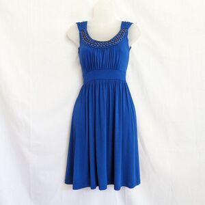 Soprano Blue Fit and Flare Dress Size S Beaded Neckline Sleeveless Knee Length